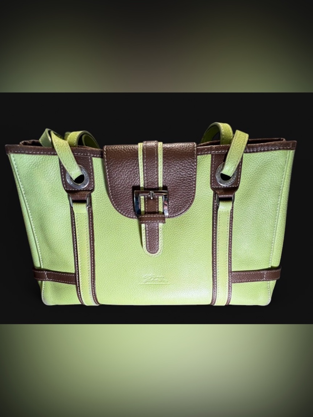 Vintage Longchamp Balazine Lime Green and Brown Leather Shoulder Bag